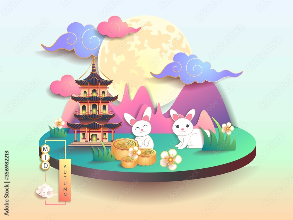 Naklejka premium Mid autumn festival / Chinese festival with the moon, moon cake, rabbits, pagoda, cloud and flowers on color paper. Vector illustration