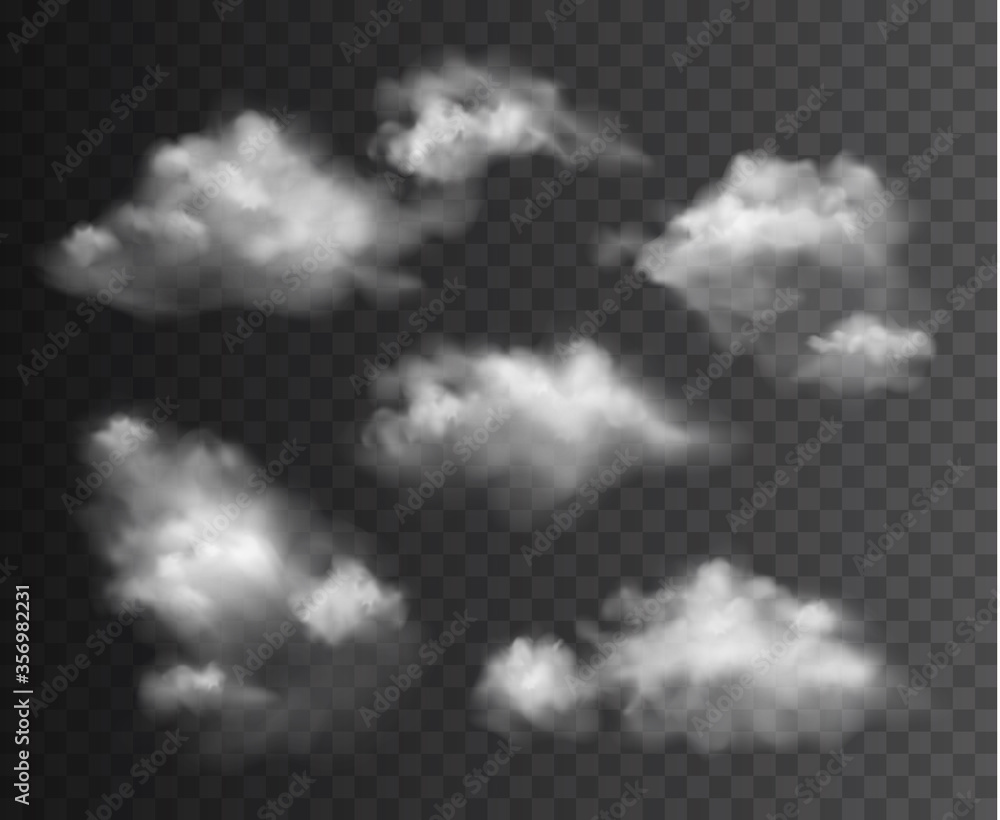 Vector collection of realistic soft transparent clouds isolated on dark background