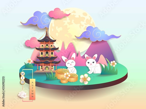 Fototapeta Naklejka Na Ścianę i Meble -  Mid autumn festival / Chinese festival with the moon, moon cake, rabbits, pagoda, cloud and flowers on color paper. Vector illustration
