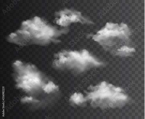 Vector collection of realistic soft transparent clouds isolated on dark background