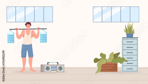Young smiling athlete in sports clothes doing morning workout at home or at fitness studio vector flat cartoon illustration. Man doing sport exercises with water canisters and listen energetic music.