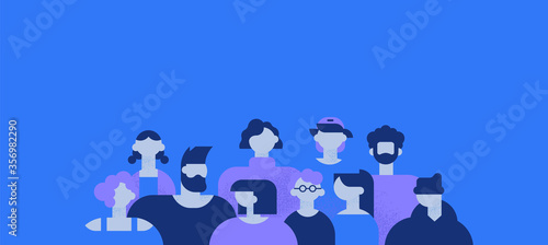 Diverse young people group on isolated background with copy space. Modern people team, teenager students or business workers in flat cartoon style.