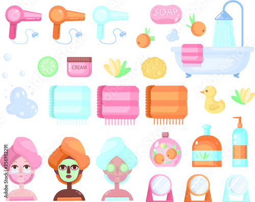 Skin care routine icons. Various beauty objects. Face care concept. Cleansing, moisturizing, treating. Hand drawn vector set. Cartoon style. Flat design. All elements are isolated