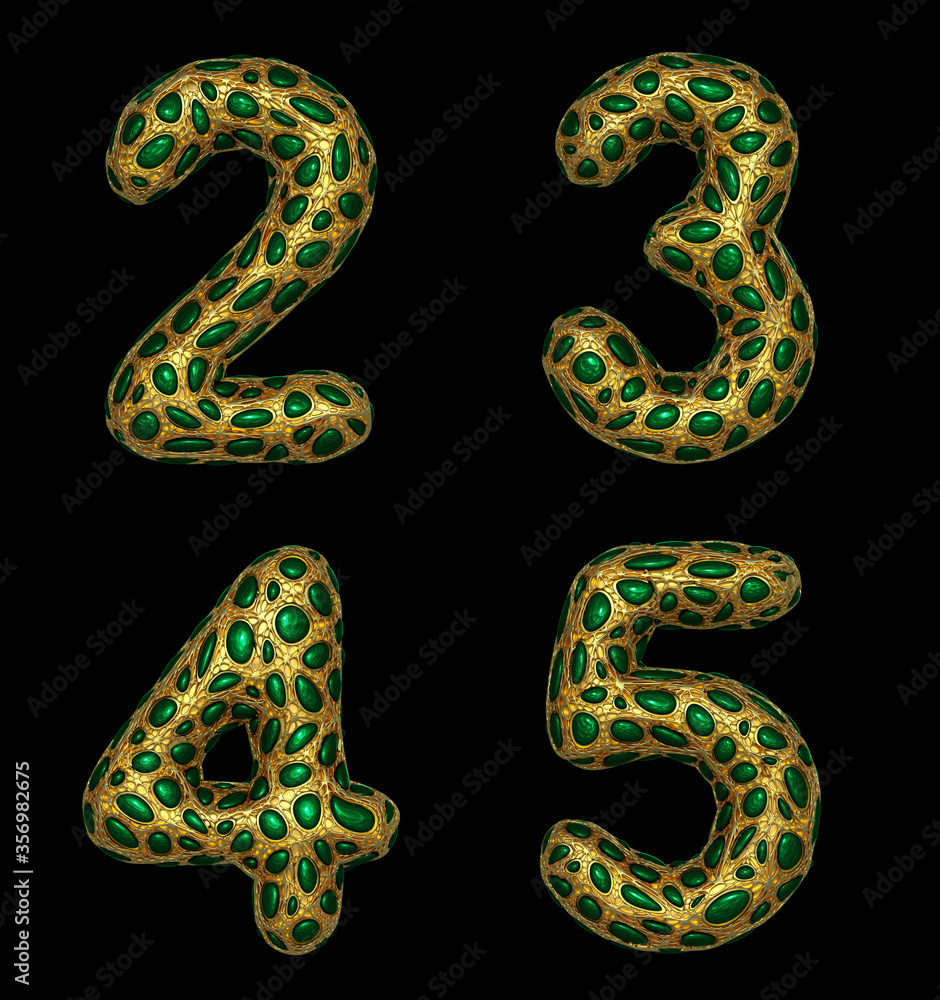 Fototapeta premium Number set 2, 3, 4, 5 made of realistic 3d render golden shining metallic.