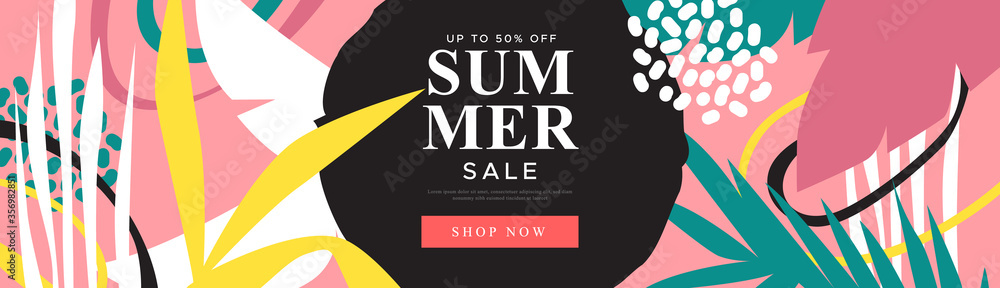 Tropical summer sale illustration in web banner format for special season offer. Exotic palm tree leaves and hand drawn decoration with shopping discount label.
