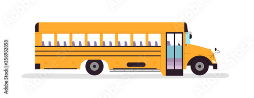 Yellow school bus vehicle illustration on isolated white background. Empty schoolbus from side view for education concept or field trip.