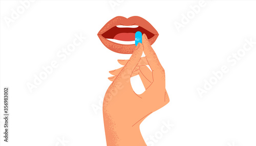 Closeup of young woman mouth taking medicine pill capsule on isolated white background. Flat health problem cartoon for painkiller addiction, beauty treatment or pain medication.