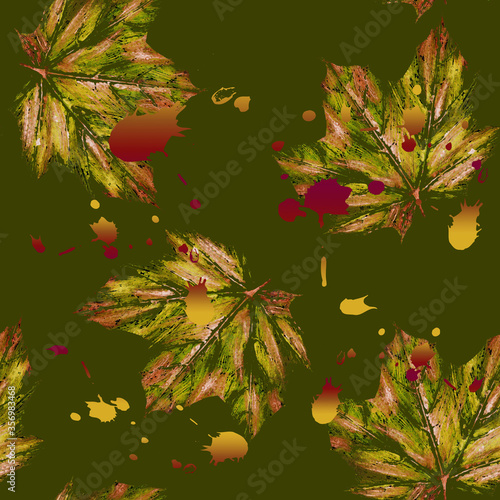 Foliage green set, spots red, autumn seamless pattern 
