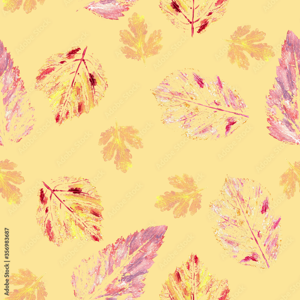 Red pink leaves watercolor, seamless pattern, yellow background