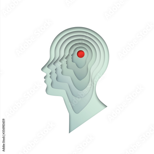 Realistic paper cut human head in white color with red circle cutout for headache concept, migraine or neurological issue.