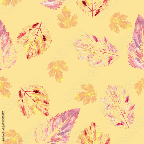 Red pink leaves watercolor, seamless pattern, yellow background