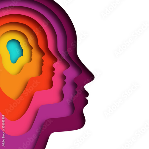 Realistic paper cut layered human head. Colorful papercut man silhouette on isolated background for personality or psychology concept.