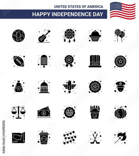 Set of 25 Modern Solid Glyph pack on USA Independence Day fly; bloon; adornment; muffin; cake photo