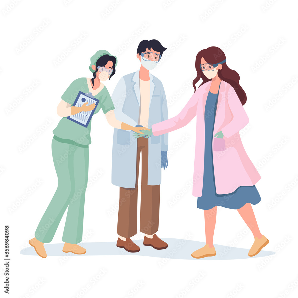 Doctors and nurses teamwork vector flat cartoon illustration. Young medical workers in uniform, protective glasses, and masks during coronavirus outbreak. Stop Covid-19 pandemic concept. Doctors and nurses teamwork vector flat cartoon illustration. Young medical workers in uniform, protective glasses, and masks during coronavirus outbreak. Stop Covid-19 pandemic concept.