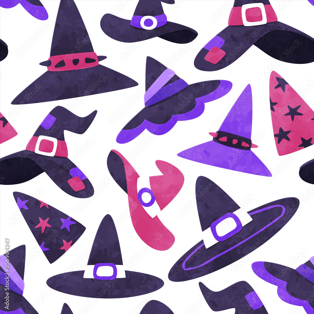 Witch hat seamless pattern with halloween cartoon in hand drawn watercolor style. Cute icon  background for october holiday or fantasy concept