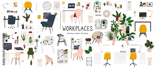 Workplace hand drawn doodle and flat style illustrations. Home office work spacedecoration. Interior design. Mid-century modern style.