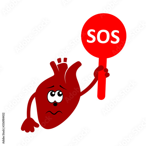 Cartoon character of sad and unhappy heart holding plate with word SOS. Heart disease. Vector icon isolated on white.