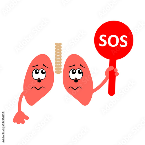 Cartoon character of sad and unhappy lungs holding plate with word SOS. Lungs diseases. Vector icon isolated on white.