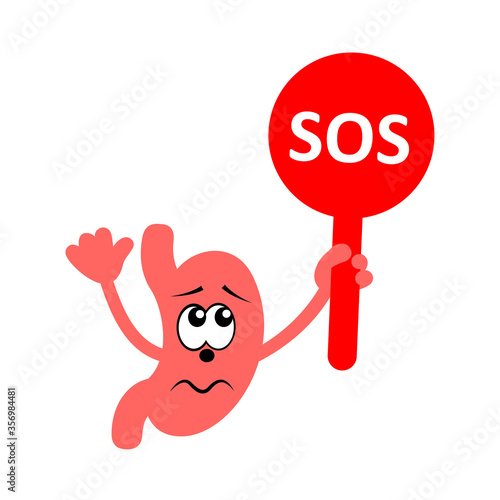 Cartoon character of sad and unhappy stomach holding plate with word SOS. Stomach diseases. Vector icon isolated on white.