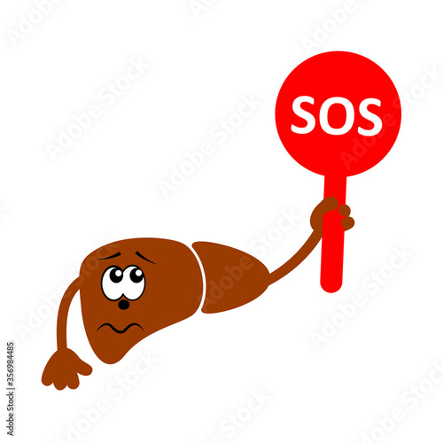 Cartoon character of sad and unhappy liver holding plate with word SOS. Liver diseases. Vector icon isolated on white.