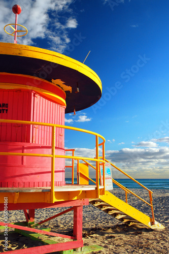 A funky, colorful lifeguard station stands ready on South Beach, Miami Beach, Florida