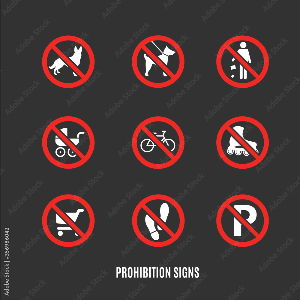 Phohibited sign icons set, Stop icons set, Sign Phohibited Pet, Sign Phohibited Vehicle, Vector flat style cartoon illustration isolated on black background Phohibited sign icons set, Stop icons set, Sign Phohibited Pet, Sign Phohibited Vehicle, Vector flat style cartoon illustration isolated on black background