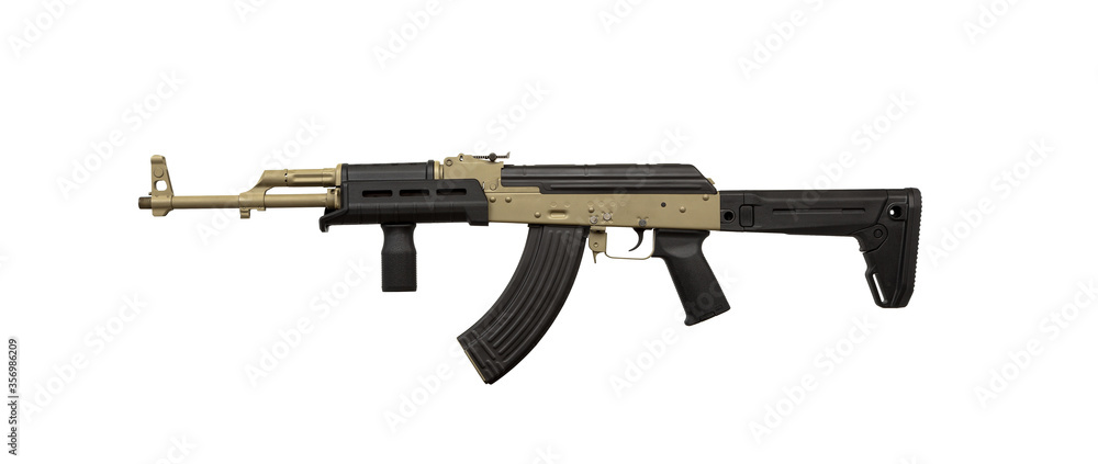 Classic AK automatic carbine in a modern body kit. Soviet army weapons isolate on a white back.