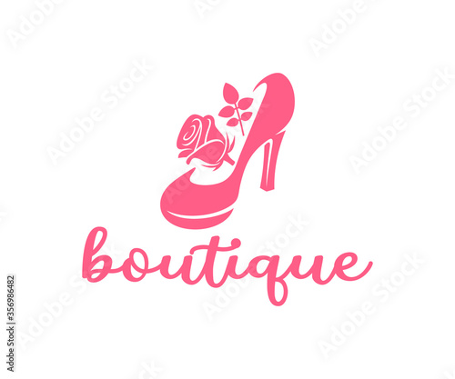 Women high heel shoes with rose and flowers  logo design. Beauty  fashion  boutique and clothes  vector design and illustration
