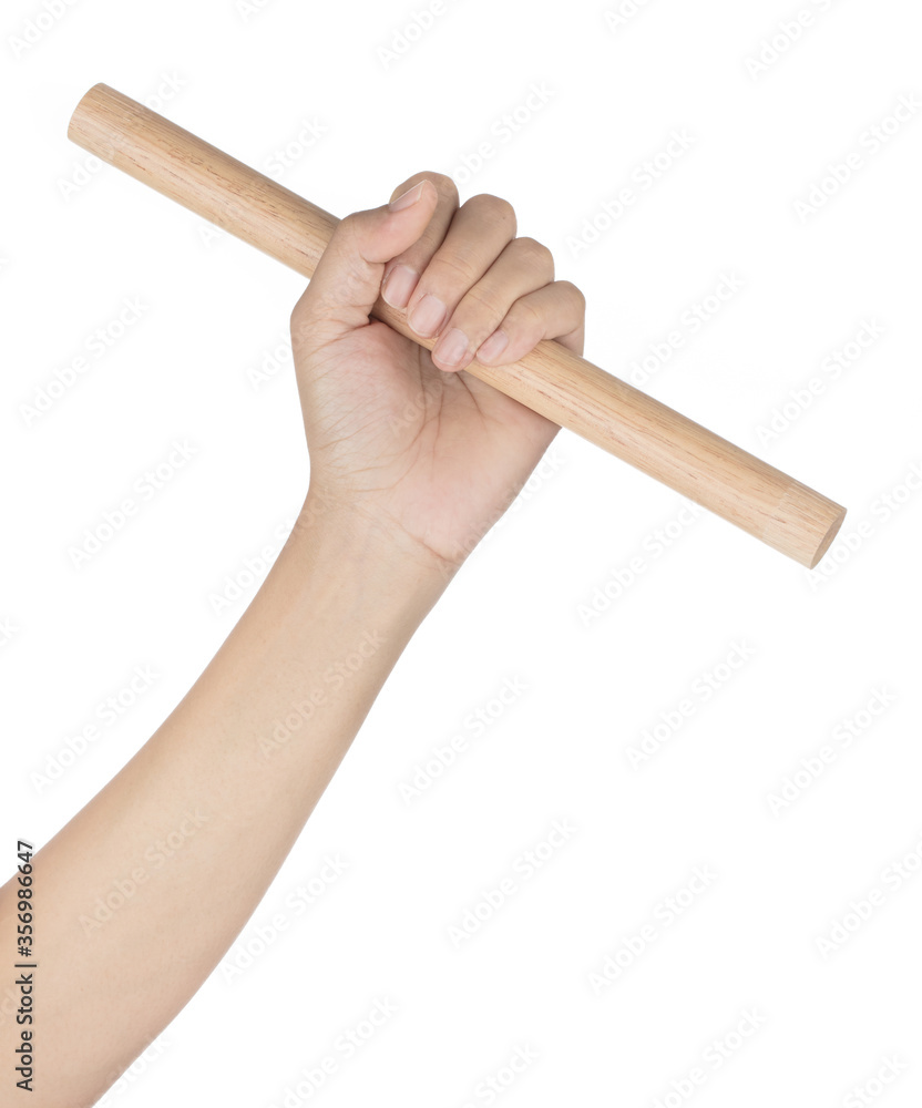 Hand holding Wooden Dowel Isolated on white Background. Stock Photo