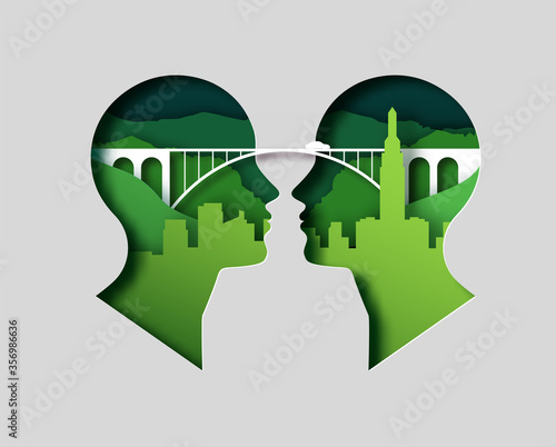 Papercut craft illustration concept of two people heads united by paper cut bridge and car travelling on nature mountain landscape with city skyline. Idea communication or relationship travel concept.