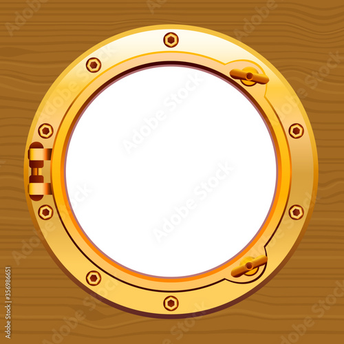 Blank ship porthole on wooden background.Vector illustration of gold ship porthole with wooden background.
