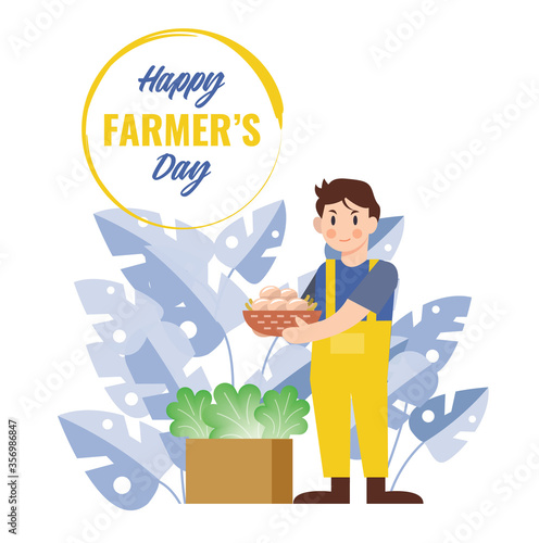 Happy farmer's day. flat character design with plant background. vector illustration