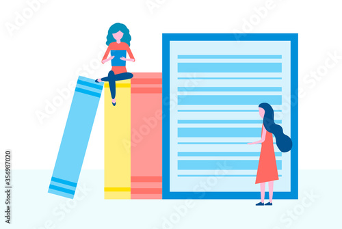 Online library, e-books, digital book store, e-reading, online learning, education concept. People group reading books, Vector illustration in flat design.