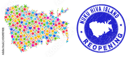 Celebrating Nuku Hiva Island map mosaic and reopening grunge stamp. Vector mosaic Nuku Hiva Island map is composed with randomized stars, hearts, balloons.