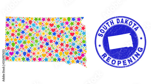 Celebrating South Dakota State map mosaic and reopening rubber watermark. Vector mosaic South Dakota State map is created of randomized stars, hearts, balloons.