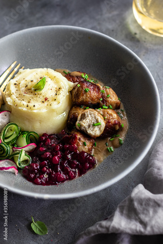 Swedish meatballs with cranberry jam and mashed potato