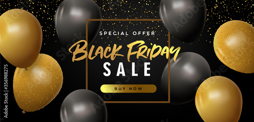 Black Friday sale web template, special holiday discount. Realistic 3D balloons and luxury gold text quote for online store or internet promotion. 