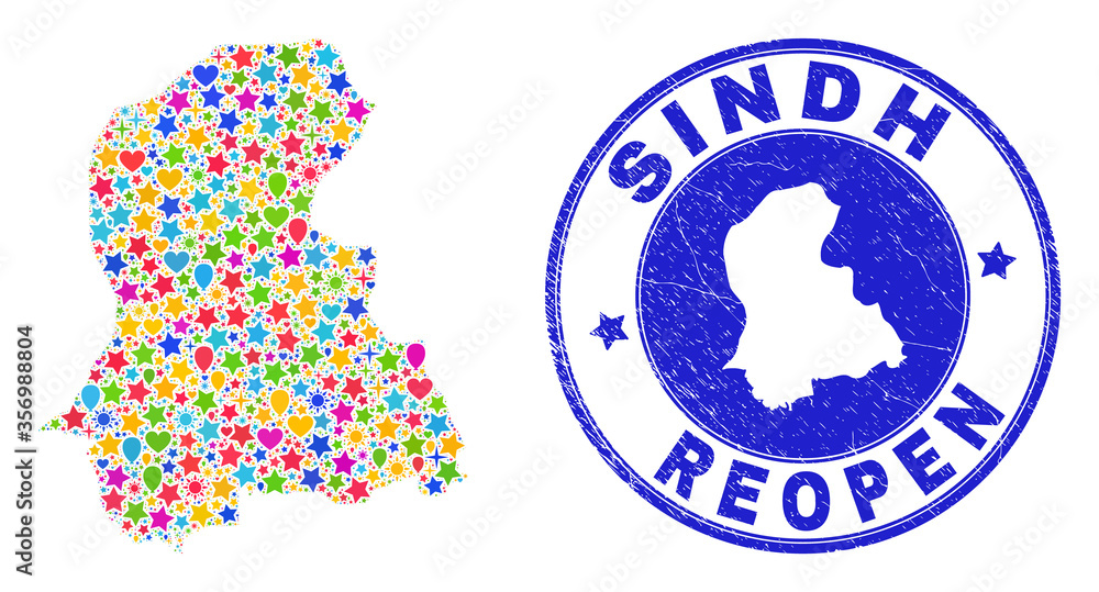Celebrating Sindh Province map collage and reopening scratched stamp seal. Vector collage Sindh Province map is created with scattered stars, hearts, balloons. Celebrating Sindh Province map collage and reopening scratched stamp seal. Vector collage Sindh Province map is created with scattered stars, hearts, balloons.