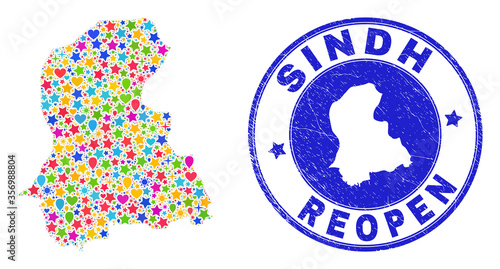 Celebrating Sindh Province map collage and reopening scratched stamp seal. Vector collage Sindh Province map is created with scattered stars, hearts, balloons.