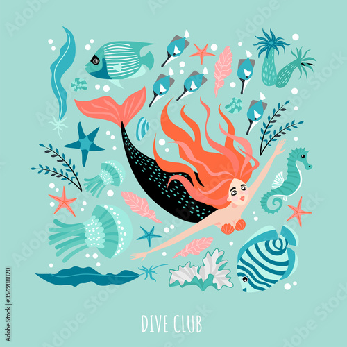 Little mermaid surrounded by algae, fish and other inhabitants of the coral reef. Diving school banner template