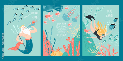 Set of vector flyer or banner templates for a diving club with a cute diver and a funny fairytale character surrounded by fish, algae and coral.