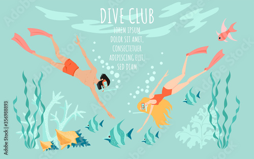 The couple explores the underwater world. Diving club vector banner template with two divers surrounded by fish, algae and coral.