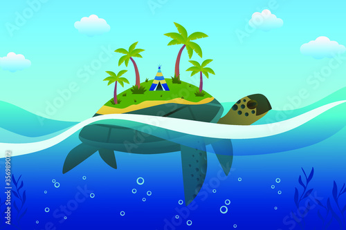 A turtle with an island is swimming in the sea