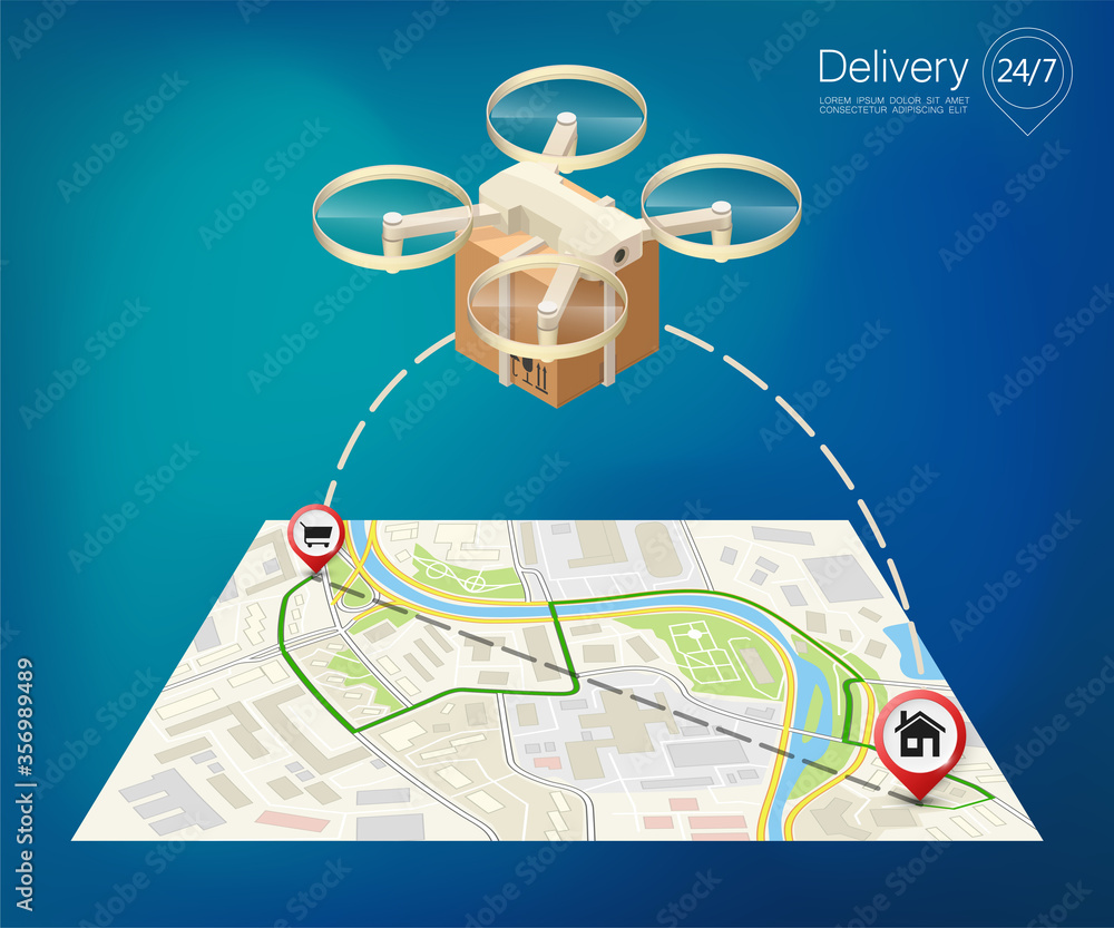 Drone delivery above the flat square map concept illustration ...