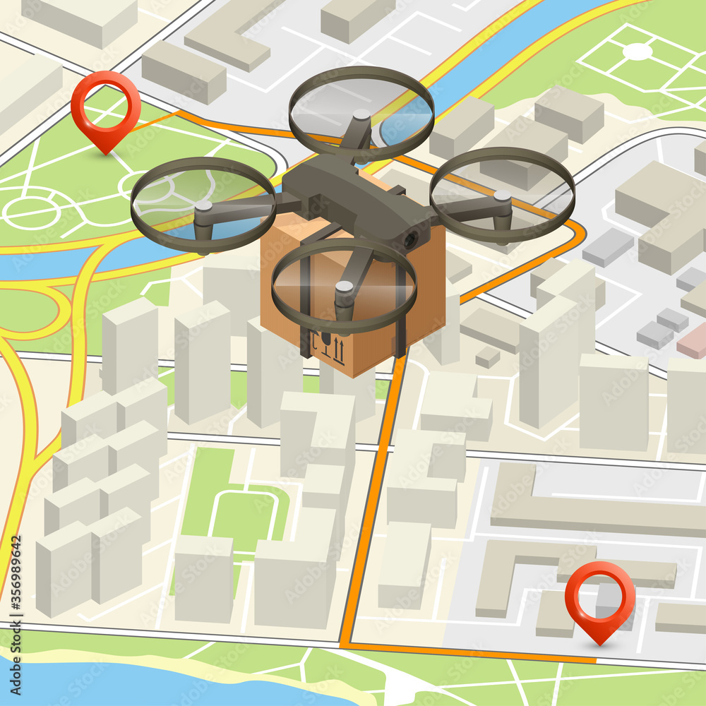 Vetor de Drone delivery cargo carton box above 3d isometric map concept ...