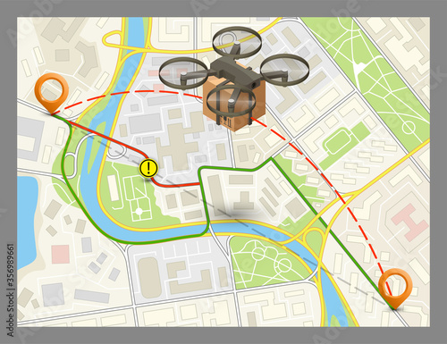 Drone delivery above the flat city map concept banner. Quadcopter flying over a map and carrying a package to customer. 3d isometric icon