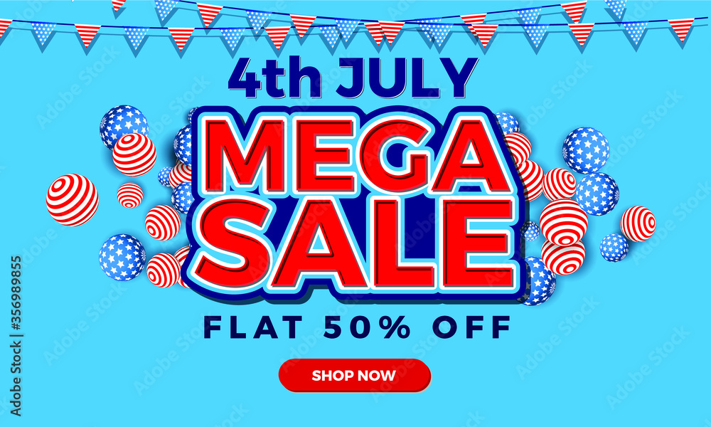 4th of July USA Independence Day Mega Sale Background with American Theme Balls and Decoration for banner, poster, advertisement, promotion, voucher, brochure, discount, sale, template