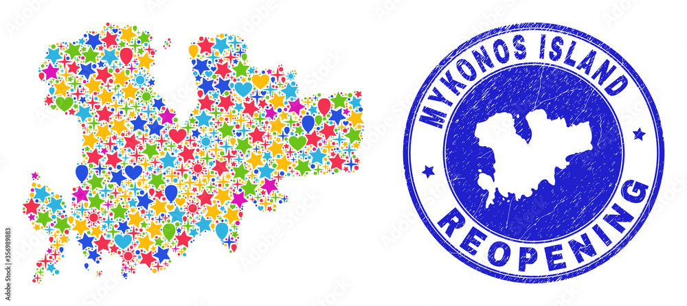 Celebrating Mykonos Island map collage and reopening rubber stamp seal. Vector mosaic Mykonos Island map is constructed of random stars, hearts, balloons.