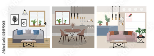 Modern trendy interior design flat style set. Bedroom, living room kitchen. Vector illustration