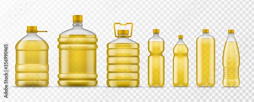 Vegetable oil bottle. Different packaging plastic bottles with yellow organic oil, natural ingredient healthy food, realistic vector mockups